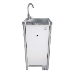 Lavamanos autónomo ElectroECO inoxidable y melamina blanca. Bomba eléctrica. Pulsador de pie. 2 garrafas de 10 litros