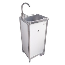Lavamanos autónomo ElectroECO inoxidable y melamina blanca. Bomba eléctrica. Pulsador de pie. 2 garrafas de 10 litros